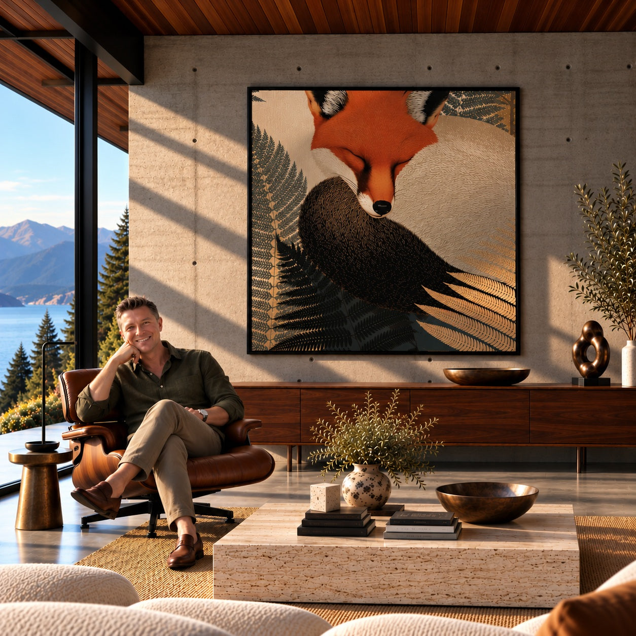 Rich seated beside Fox at Dusk in a sunlit West Coast room